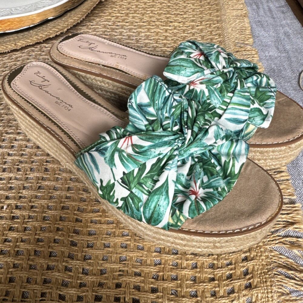 Vintage Havana Platform Espadrille Slide Green Floral Size 11 Teal Slip On